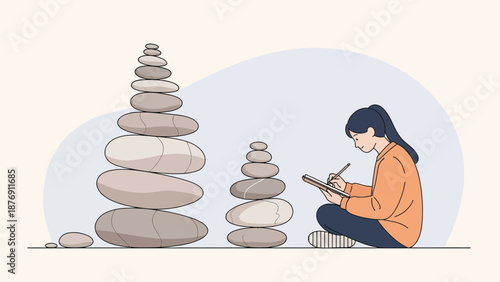 Zen Stones And Woman Observing Natural Harmony At Nature Outdoor Environment