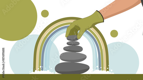 Zen Stones Balance With Hand In Serene Rainbow Colored Environment