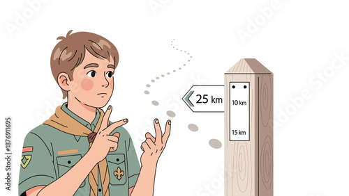 Young Scout Contemplating Navigation Choices At Road Sign On The Hiking Trail