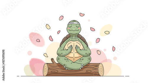 Zen Turtle Meditating On Log Under Falling Cherry Blossoms Cartoon Illustration