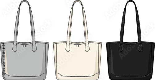 Set of stylish tote bags in different colors, modern handbag illustration collection with long handles, fashion accessory design for shopping, travel and everyday use.