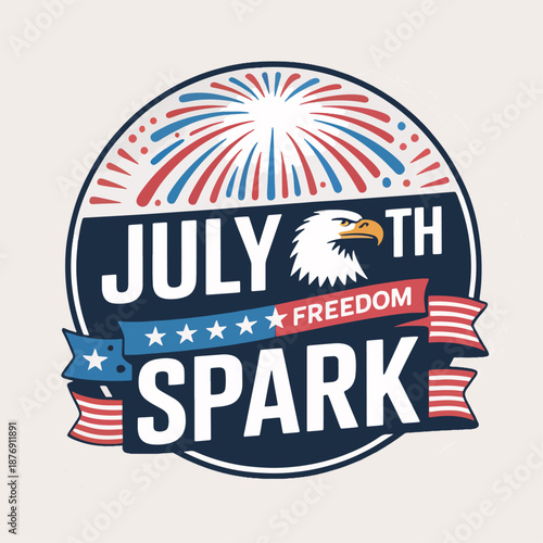 July 4th Spark ribbon badge with fireworks and eagle head, festive star banner emblem, patriotic Independence Day vector for parties, stickers and posters