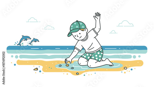 Young Boy Having Summer Fun At The Beach With Dolphins Cartoon Illustration