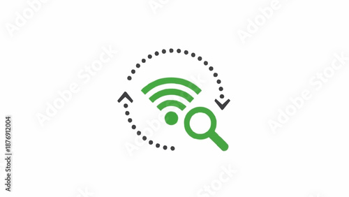 Green WiFi signal icon with magnifying glass.