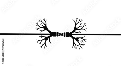 Abstract minimalist black and white graphic symbol representing two opposing symmetrical tree root structures meeting and connecting across a central horizontal line element.