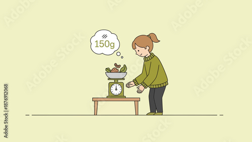 Woman Weighing Food On A Kitchen Scale For Dieting Or Cooking Purposes