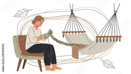 Woman Weaving Hammock Design For Her House In A Natural Lifestyle