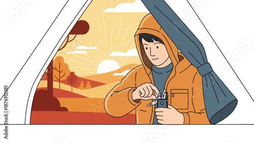 Young Camper Using Multi Tool Inside Tent At Sunrise During Adventurous Vacation