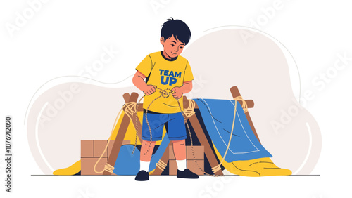 Young Boy Scouts Tying Ropes While Building Camp Outdoors Cartoon Illustration