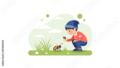 Young Explorer Discovering Nature's Wonders With Ladybug And Ant In Green Meadow