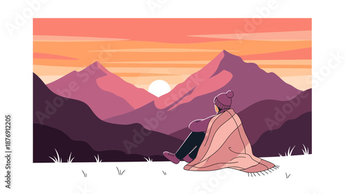 Woman Wrapped In Blanket Enjoying Mountain View At Sunset Calmness Solitude