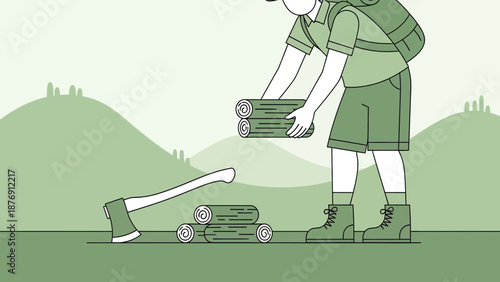 Woodsman Gathering Logs In Nature For Campfire With Mountain View Backdrop