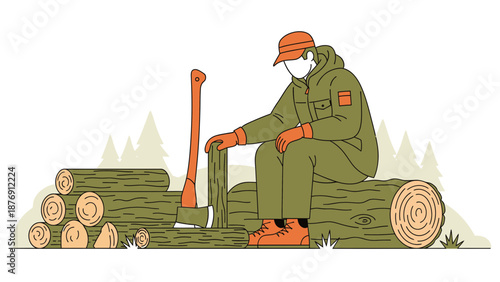 Woodcutter Taking a Break After Hard Work in the Forest Illustration