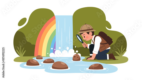 Young Explorer Discovers Nature's Hidden Secrets At Waterfall With Rainbow Landscape