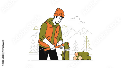 Woodsman Prepares Firewood Outdoor Adventure in Nature Camp Lifestyle