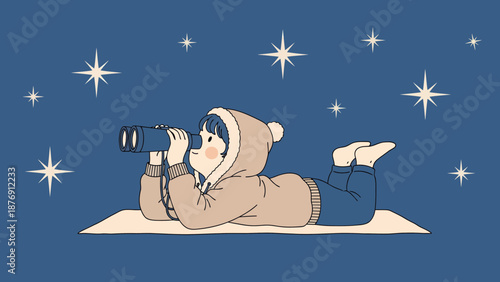 Young Explorer Gazing At Starry Night Sky Through Binoculars Cartoon Illustration