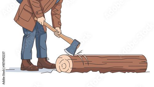 Woodsman Splitting Timber With Axe In Forest Environment Illustration