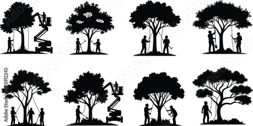  Collection of Tree Silhouettes with People, Featuring Arborists Working, Gardeners Pruning, and Camping Scenes in White Vector Style