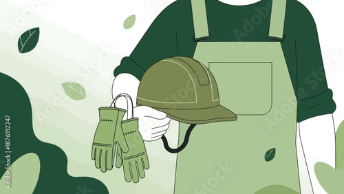 Worker Holding Helmet And Gloves Ready For Industrial Task In Green Illustration