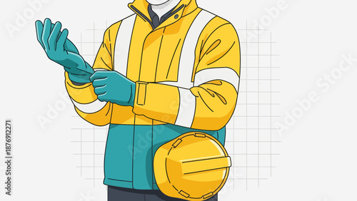 Worker Preparing Safety Gear For Industrial Job With Gloves And Hardhat