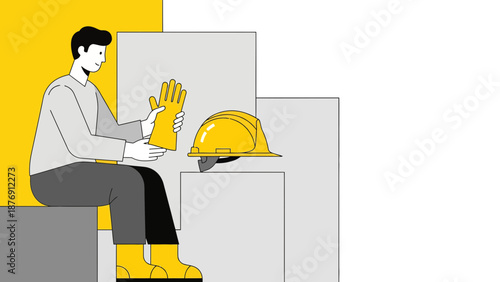 Worker Prepares Safety Gear On Construction Site Minimalist Style Illustration