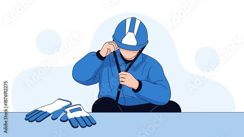 Worker Securing Protective Gear For Safety Measures In Work Environment