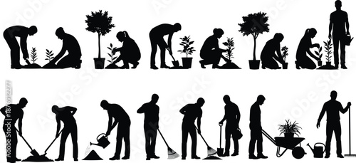 Gardening people silhouettes set planting trees and flowers, farmers and gardeners working outdoors with tools, eco nature care, landscaping and agriculture activities.