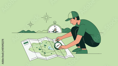 Young Explorer Navigating Terrain With Map And Compass For Outdoor Adventure