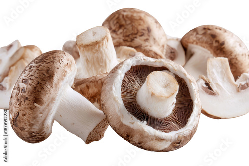 Group of fresh portobello mushrooms isolated on transparent background. Assorted cremini mushrooms whole and sliced isolated on white background.