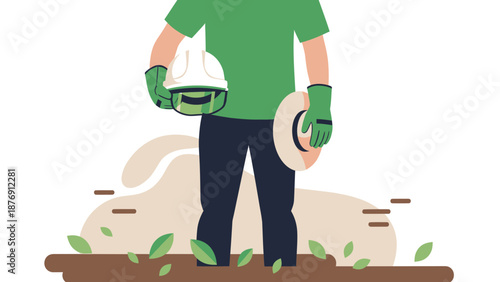 Worker Ready For Landscaping Or Agriculture Holding Protective Gear Equipment