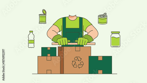 Worker Sorting Recyclables Into Boxes Illustration For Environmental Conservation