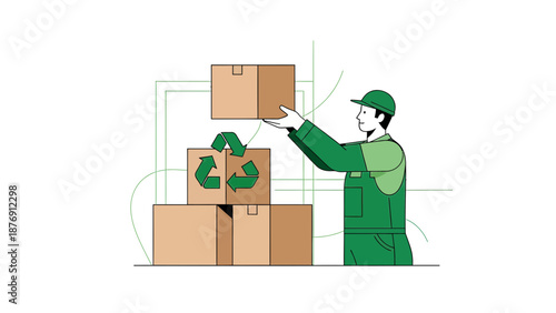 Worker Stacking Recycling Boxes Depicting Sustainable Waste Management Illustration