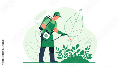 Worker Spraying Pesticide On Plants Illustration For Agricultural Production