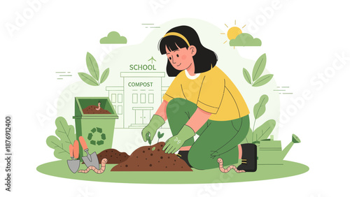 Young Girl Planting Seedlings at School, Compost in Recycling Bin Growing Nature