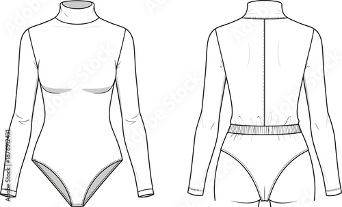 Women’s long sleeve bodysuit technical fashion flat sketch with front and back views, turtleneck design outline template for apparel production and sewing pattern.