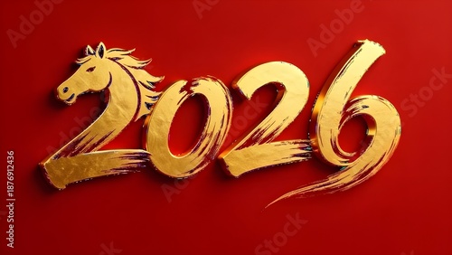 Golden horse head with 2026 on red background