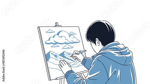 Young Artist Draws Mountainous Scenery on Canvas with Imagination and Skill