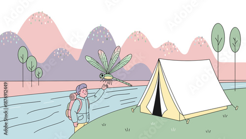 Young Hiker Interacting With a Dragonfly Near Campground With Mountain Background