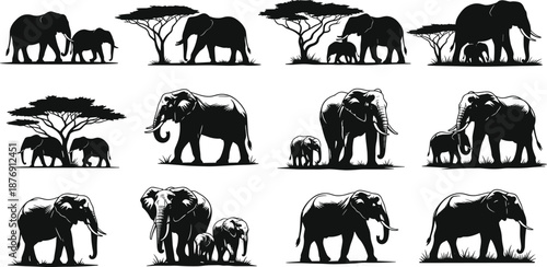 Silhouette Collection of African Elephants and Calves Walking Under Acacia Trees in Savanna, Vector Illustration Set Isolated on White Background