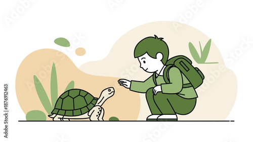 Young Hiker Meets a Turtle in Nature Outdoor Illustration for Kids