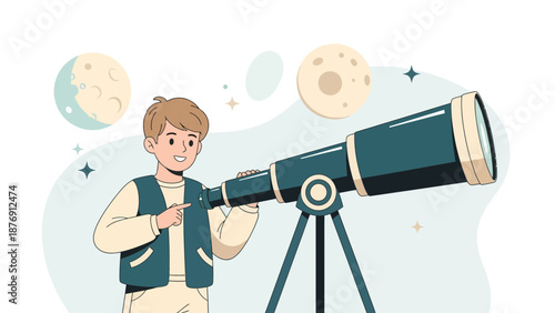 Young Astronomer Boy Exploring Outer Space With His Telescope Illustration