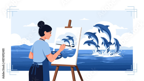 Young Artist Painting Dolphins In The Ocean On Canvas With Creativity And Passion