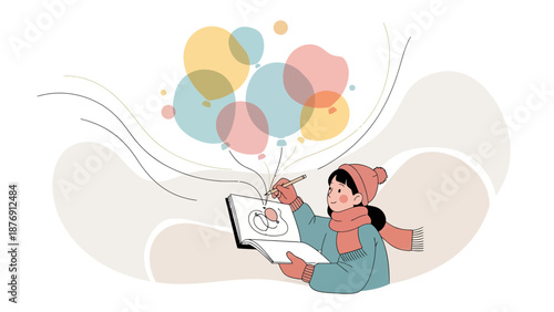 Young Artist Envisions Colorful Balloons In Her Sketchbook On A Whimsical Background