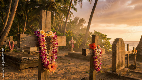 Wooden crosses decorated with colorful leis in a tropical graveyard at sunset. Pacific island funeral memorial rites and remembrance of loss.