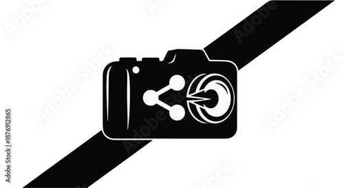 Black and white graphic icon representing digital photography sharing and instant image transfer concepts featuring a stylized camera silhouette against a diagonal slash background.