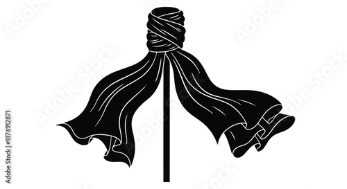 A stark black and white illustration depicting a funeral drape mourning ribbon tied around a pole symbolizing remembrance and solemn respect for the deceased