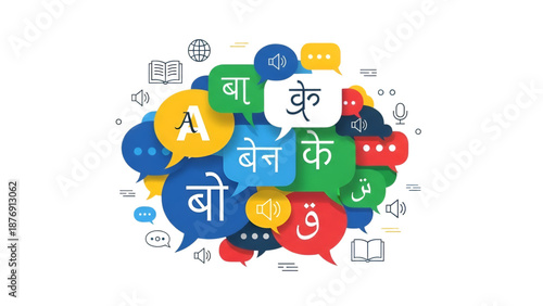 Speech bubbles with foreign characters and symbols represent communication and language diversity.