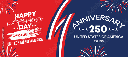 Happy Independence Day USA 250th Anniversary Celebration Banner Featuring Fireworks and Patriotic Red Blue Abstract Design
