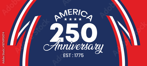 America 250th Anniversary Patriotic Banner with Red White Blue Ribbon Waves and Modern Abstract USA Flag Style Background
