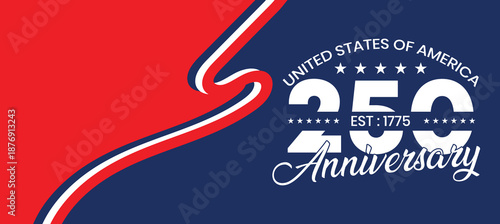 USA 250th Anniversary Abstract Background with Curved Red White Blue Flag Stripes and Modern Minimal Design